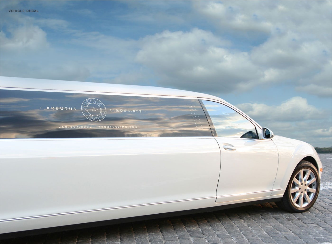 Arbutus Limousines identity applied to a white limousine