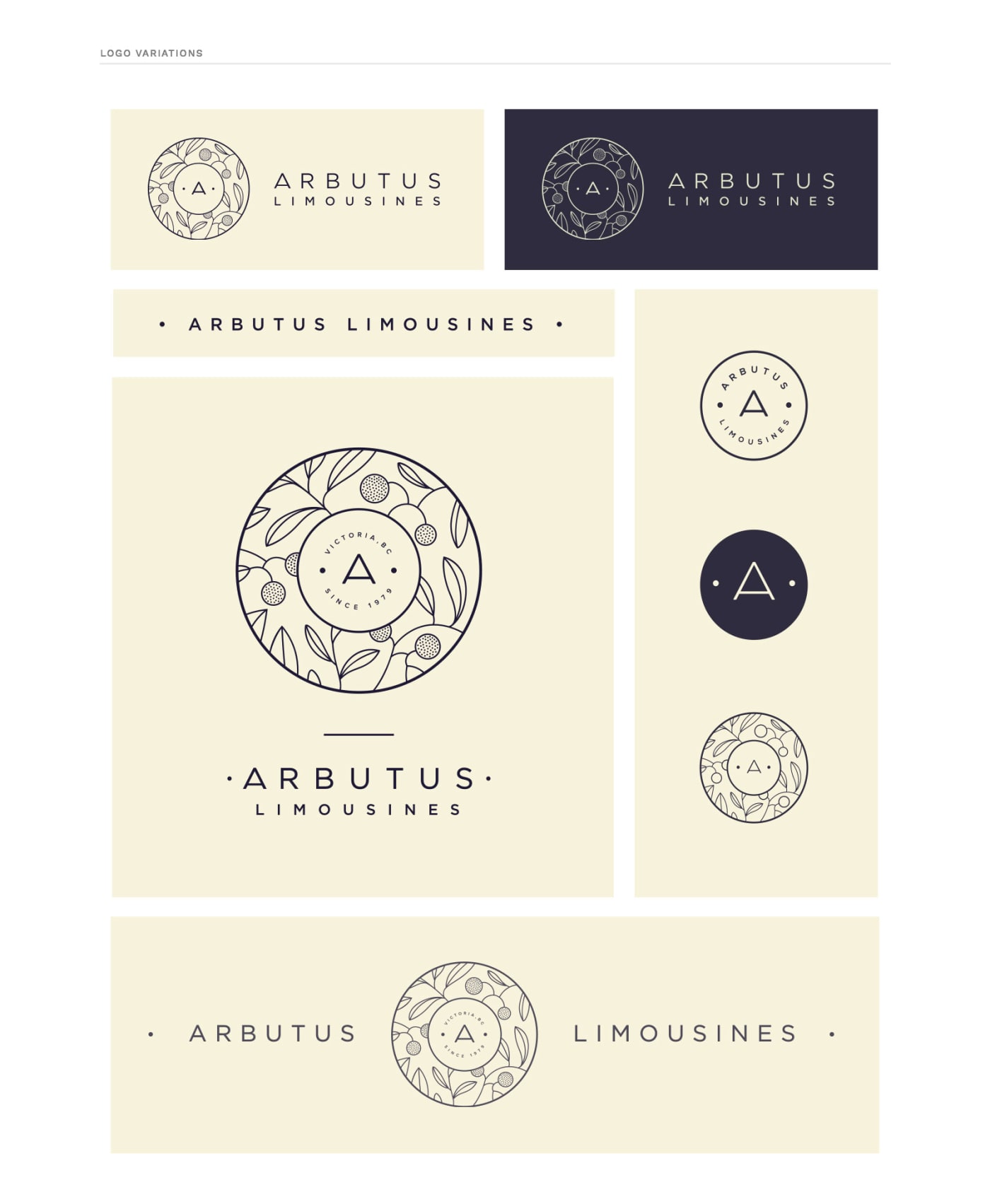 Arbutus Limousines horizontal, stacked, compact, and insignia logo variants