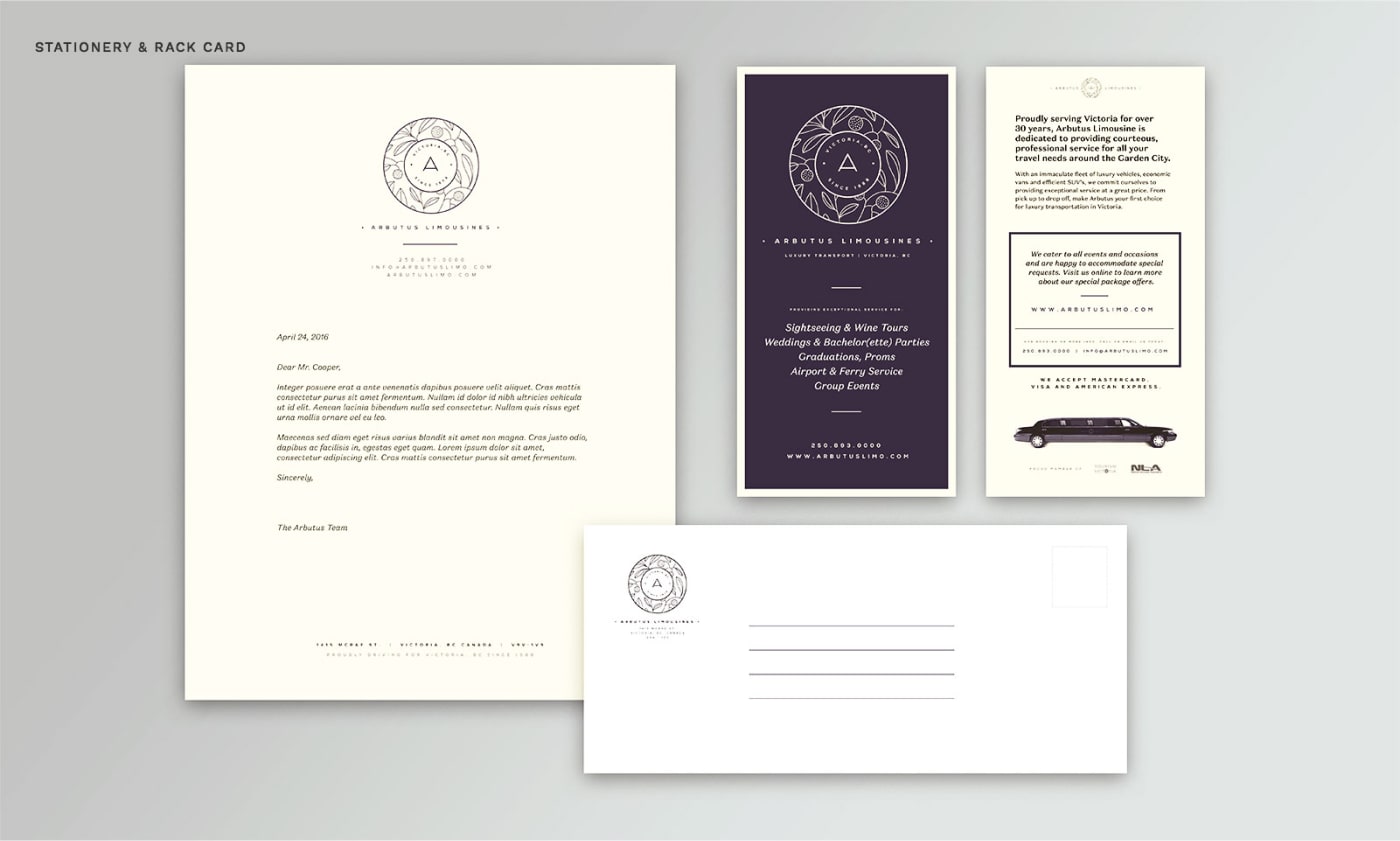 Arbutus Limousines letterhead, envelope, and rack cards