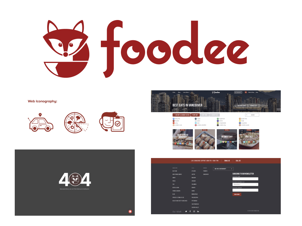 Foodee's original fox mascot, wordmark, iconography, website, and error page