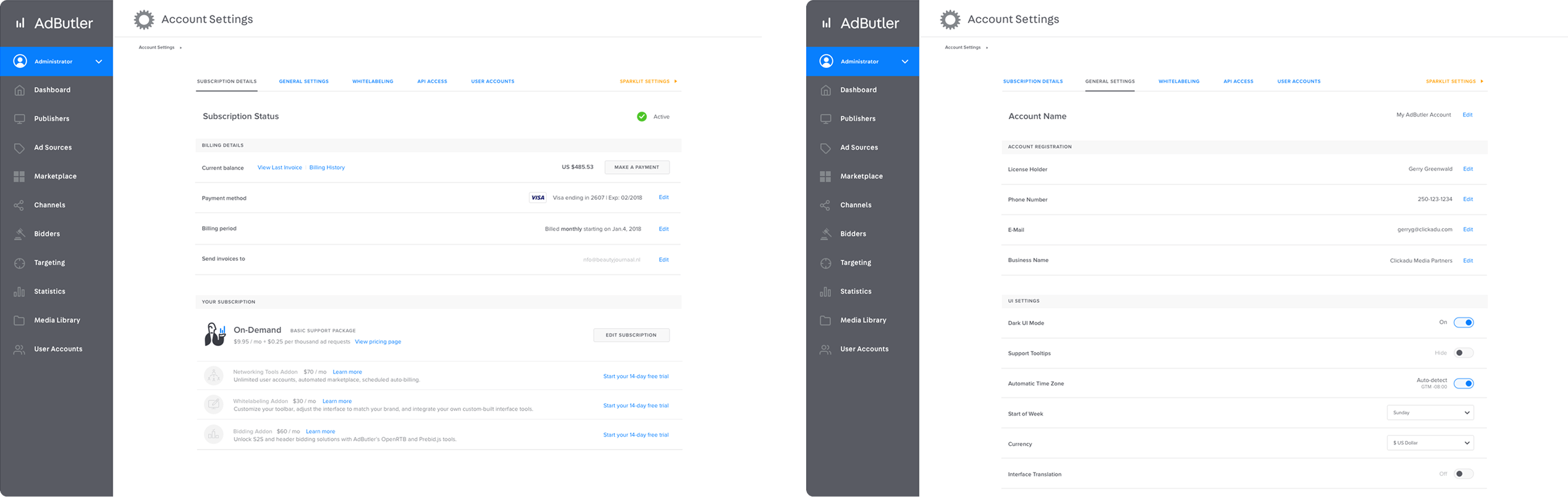 AdButler subscription and general settings screens