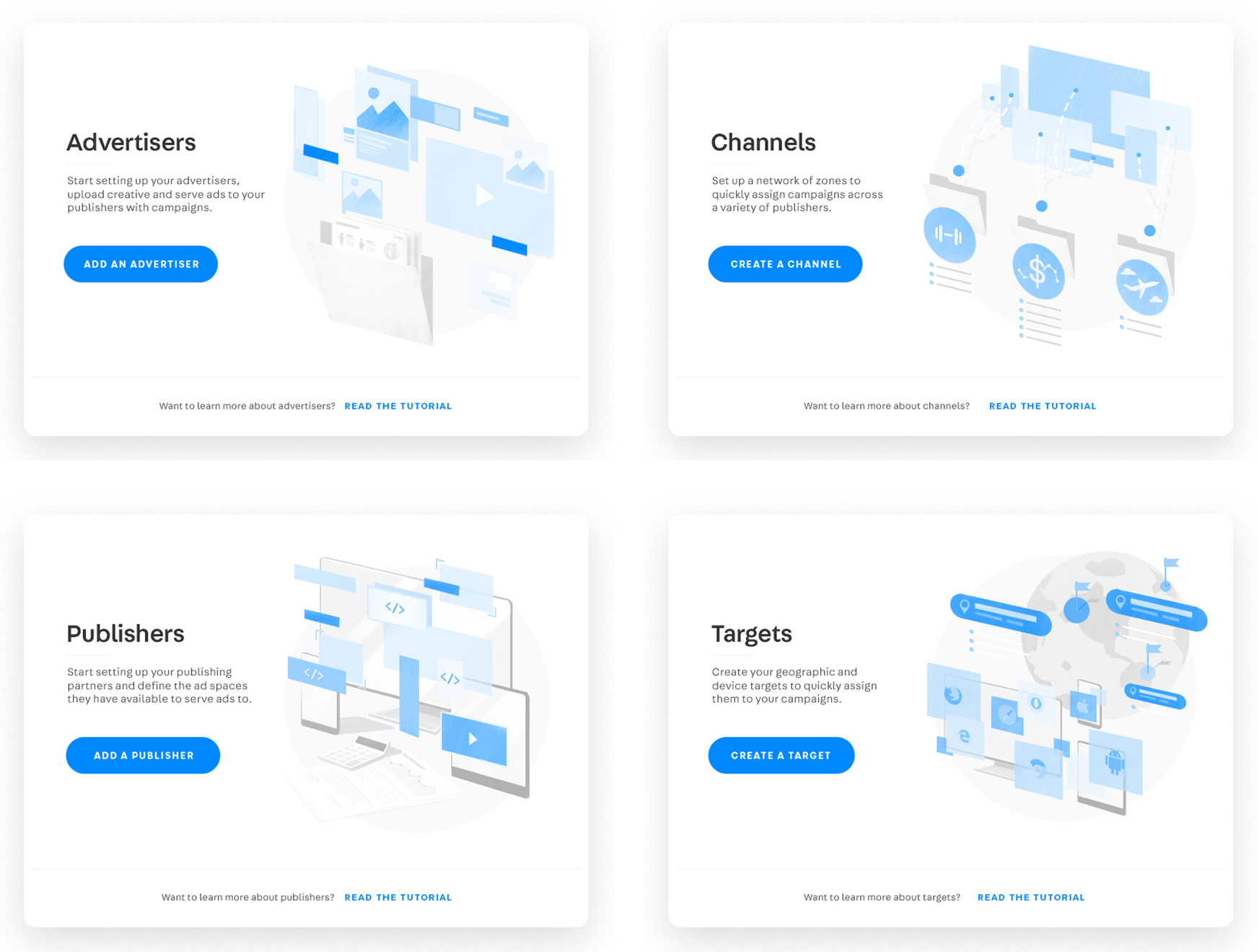 AdButler empty states for advertisers, channels, publishers, and targets