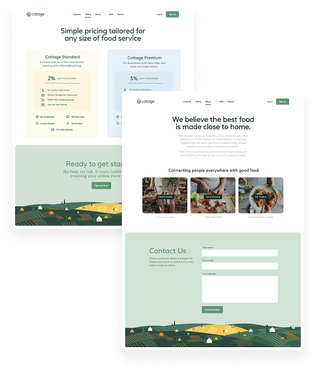 Cottage pricing and About page designs