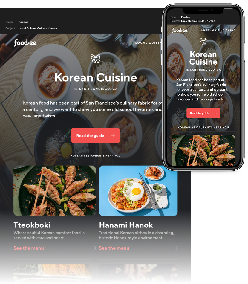 Korean local cuisine guide shown in desktop email and mobile formats
