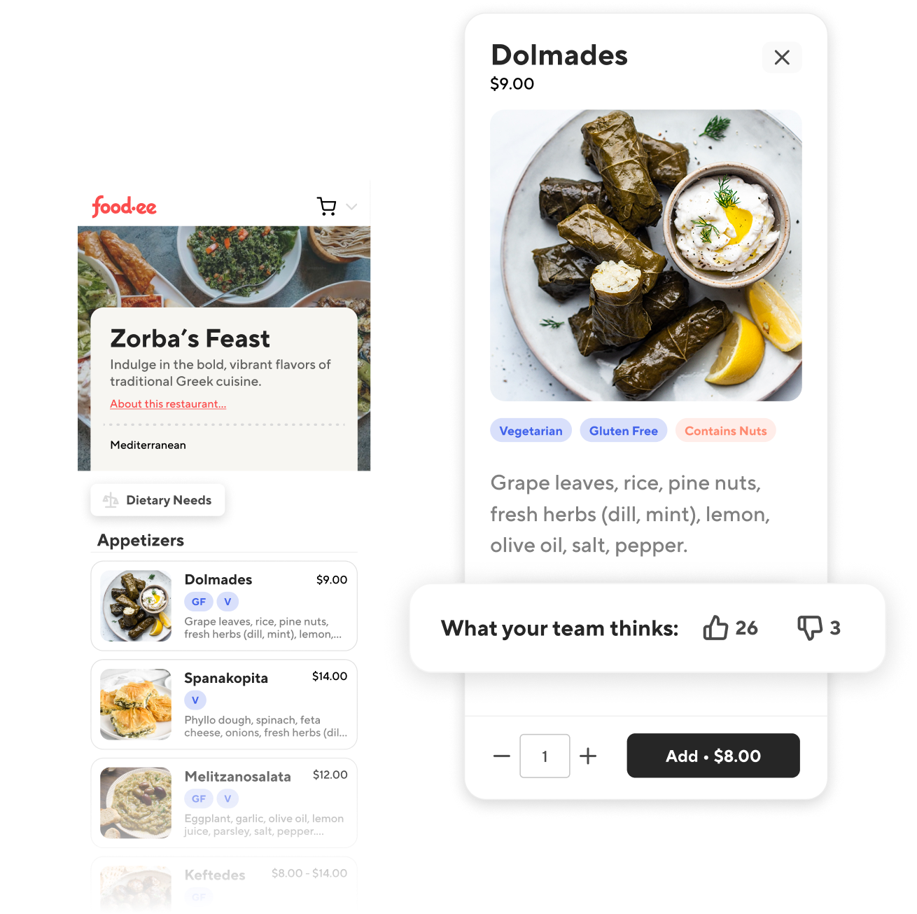 Foodee ordering interfaces with menu photography, dietary tags, and team ratings