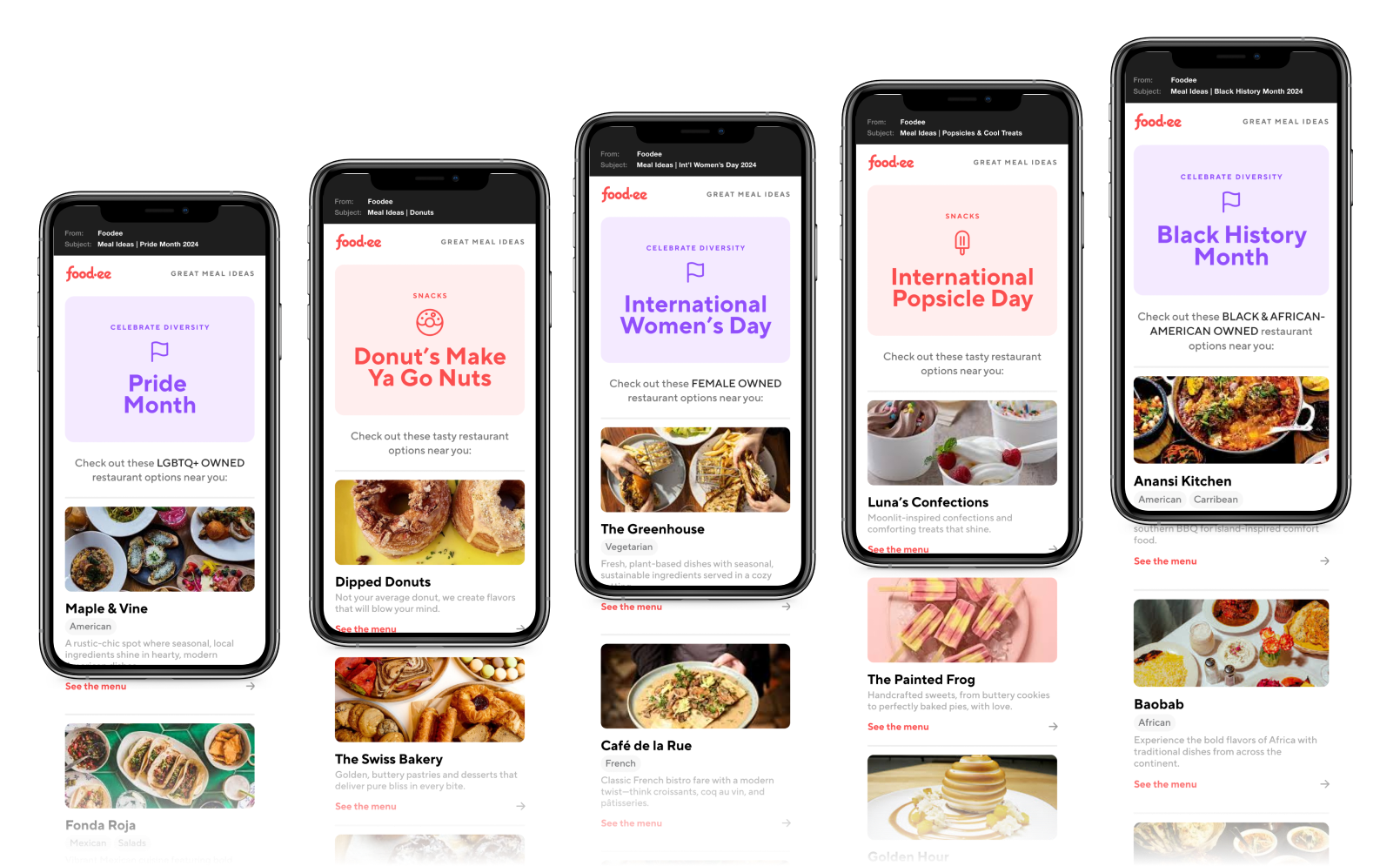 A collection of Foodee themed restaurant emails